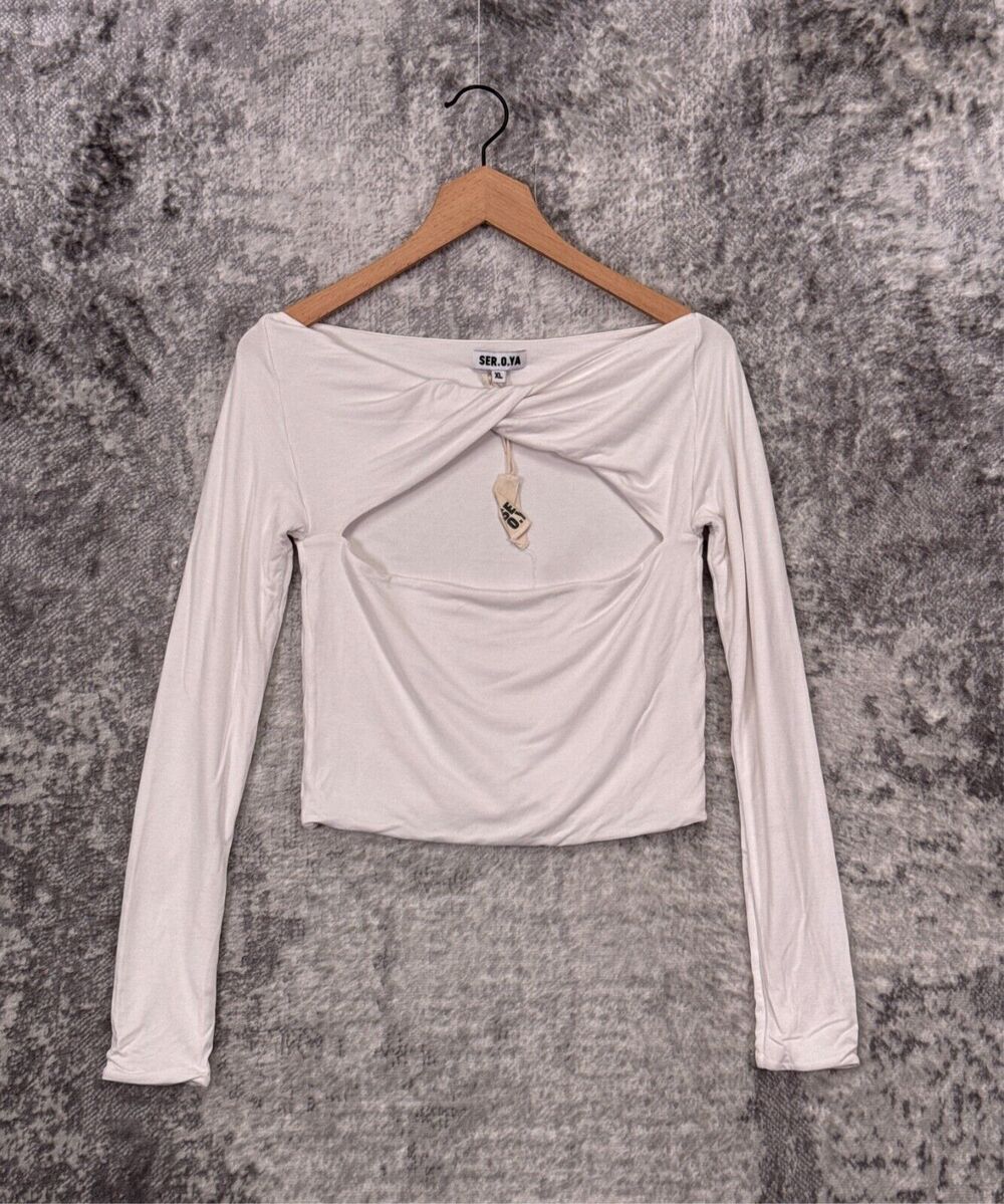 SER.O.YA Top XL Womens White Twist Open Front Long Sleeve Crop Modal